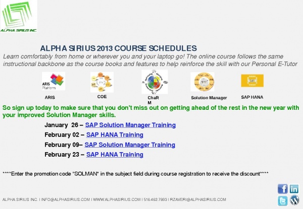 E-Learning @ ASI--SAP SOLMAN,HANA Training Schedule for Jan,Feb